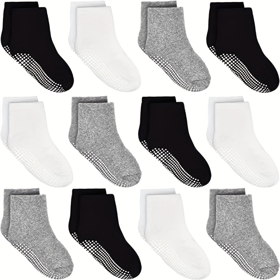 12 Pairs Toddler Boys Socks with Grip Non-slip Bottom Comfy Crew Socks for Kids