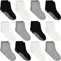 12 Pairs Toddler Boys Socks with Grip Non-slip Bottom Comfy Crew Socks for Kids