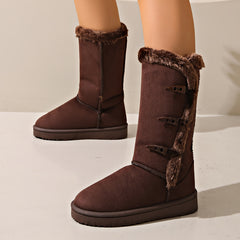 Women's Solid Horn Buckle Casual Snow Boots Soft Comfortable Medium Top Snow Sho