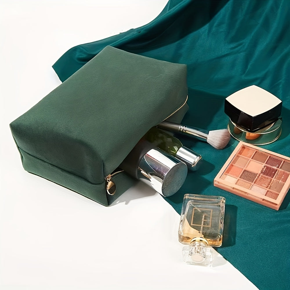 Green Square Makeup Bag Roomy Velvet Zipper Cosmetic Pouch