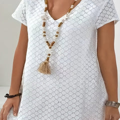 Solid Jacquard Cap Sleeve V Neck Loose Dress