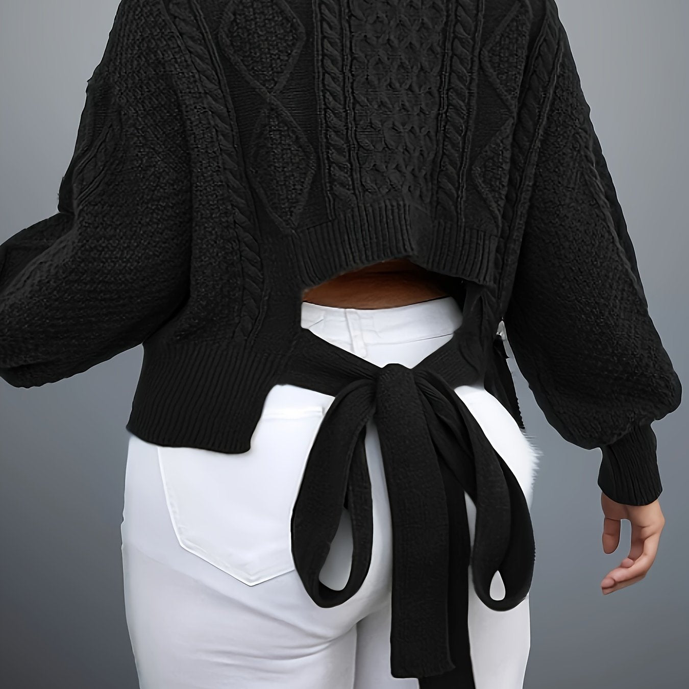 Solid Cable Knit Lantern Sleeve Top with Bow Back