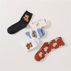 5 Pairs Cartoon Bear Print Socks Women's Stockings