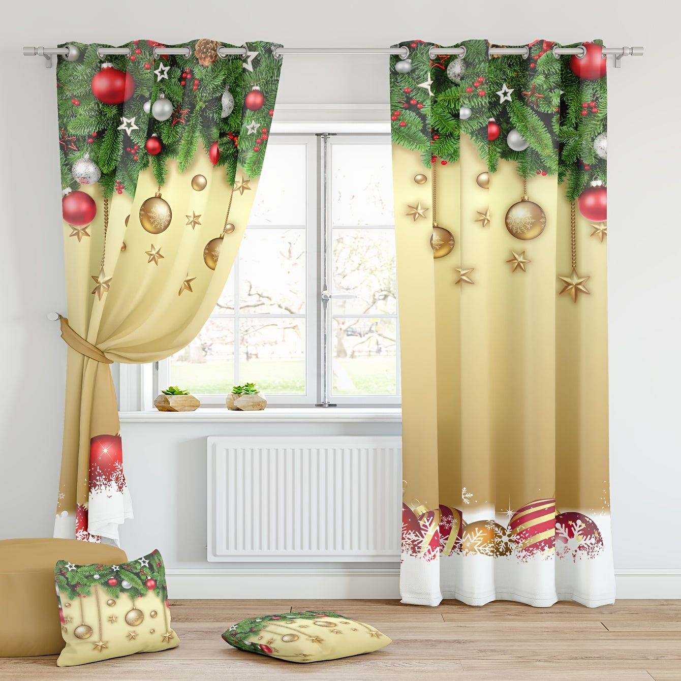 2pcs Golden Christmas Pattern Curtains Christmas Balls Curtains