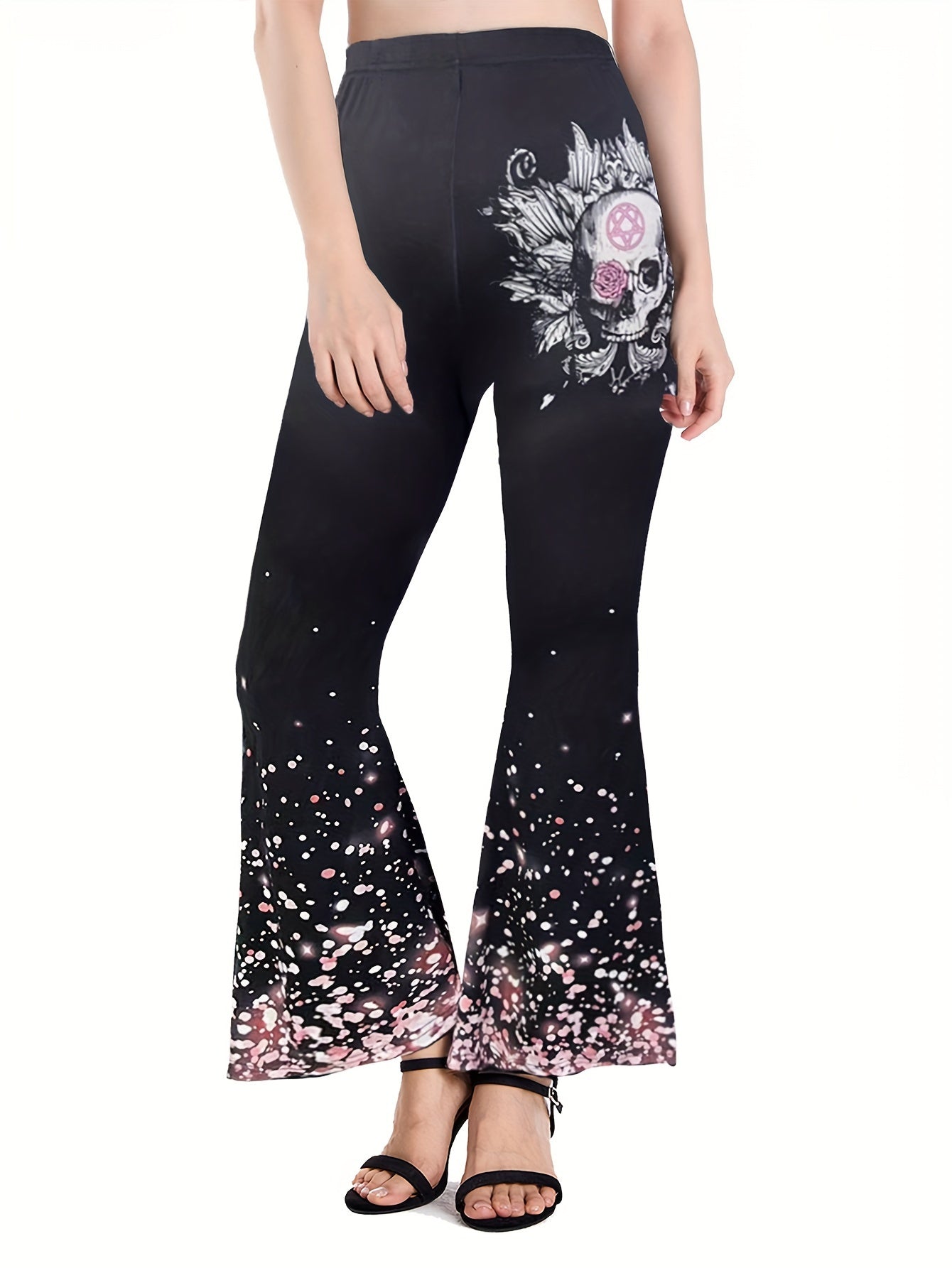 Floral & Skull Print Flared Leg Pants & Cami Top Set