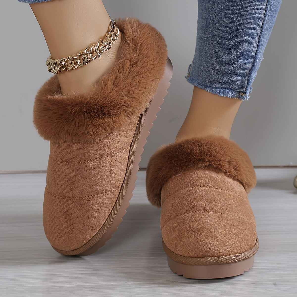 Women's Fuzzy Trim Snow Boots Non-slip Warm Slippers