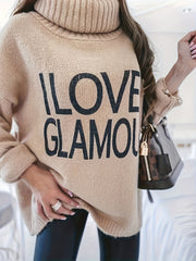 Casual Sweater Women's Plus Slogan Print Turtle Neck