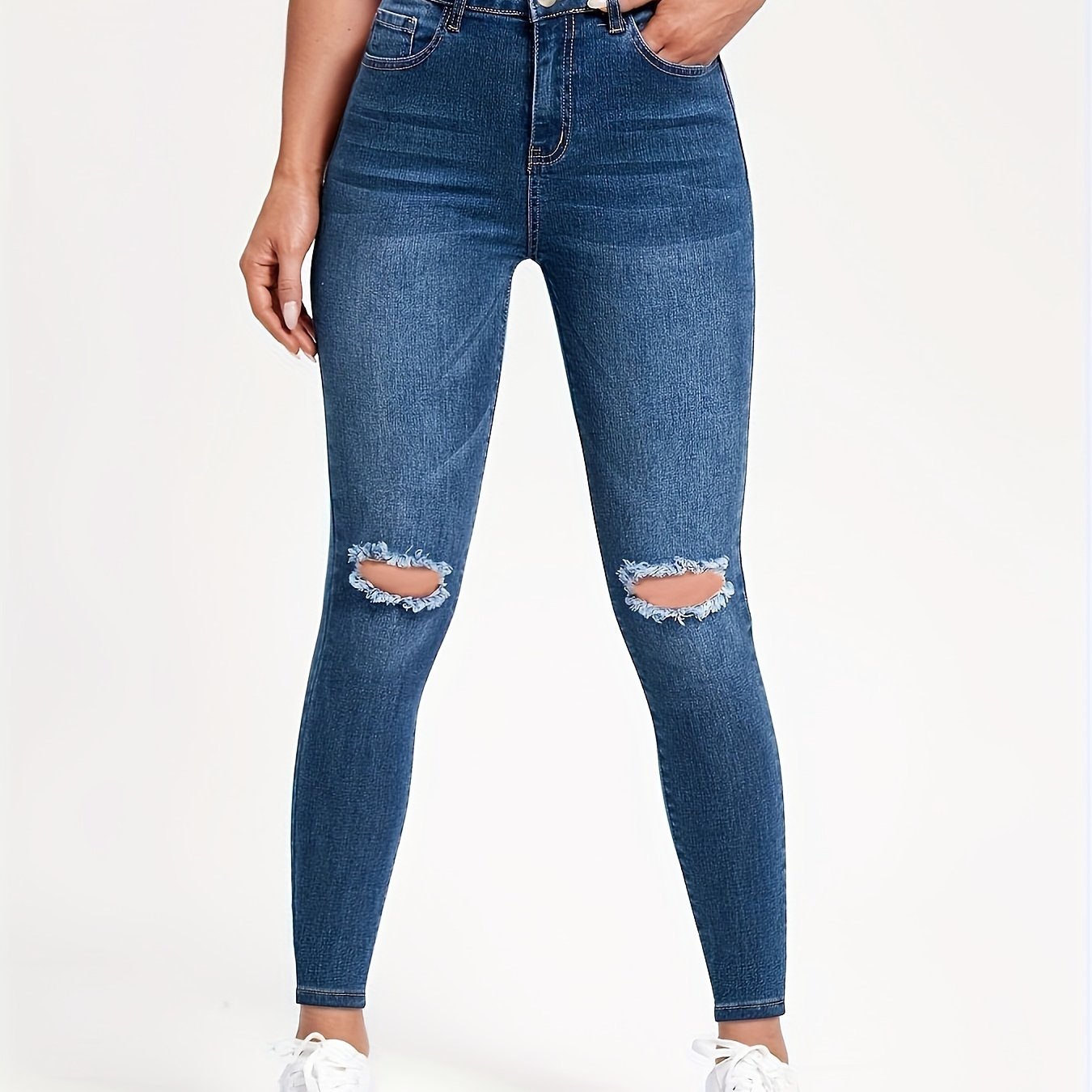 Ripped Knee Cut Skinny Jeans Solid Stretchy Whiskering Denim Pants