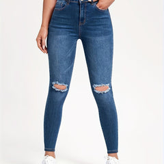 Ripped Knee Cut Skinny Jeans Solid Stretchy Whiskering Denim Pants