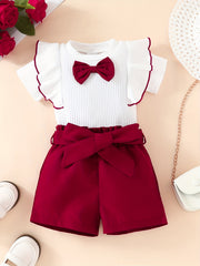 2pcs Baby Girls Bowknot Short Sleeve Top & Belted Shorts Set