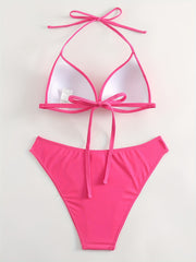 Solid V Neck Halter Bikini Tie Neck High Stetch 2 Piece Swimsuit