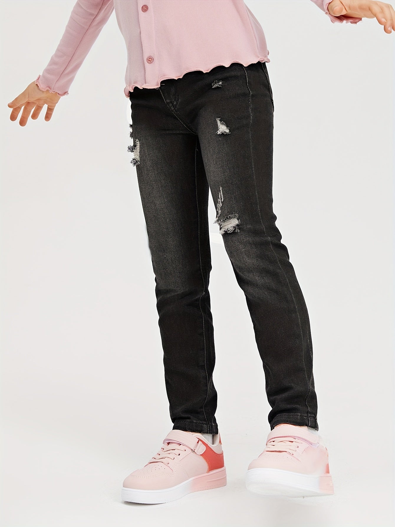 Girls Ripped Skinny Denim Trousers Zipper Fly Casual Jeans