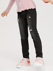 Girls Ripped Skinny Denim Trousers Zipper Fly Casual Jeans
