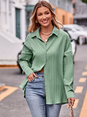 Ribbed Button Up Long Sleeve Blouse