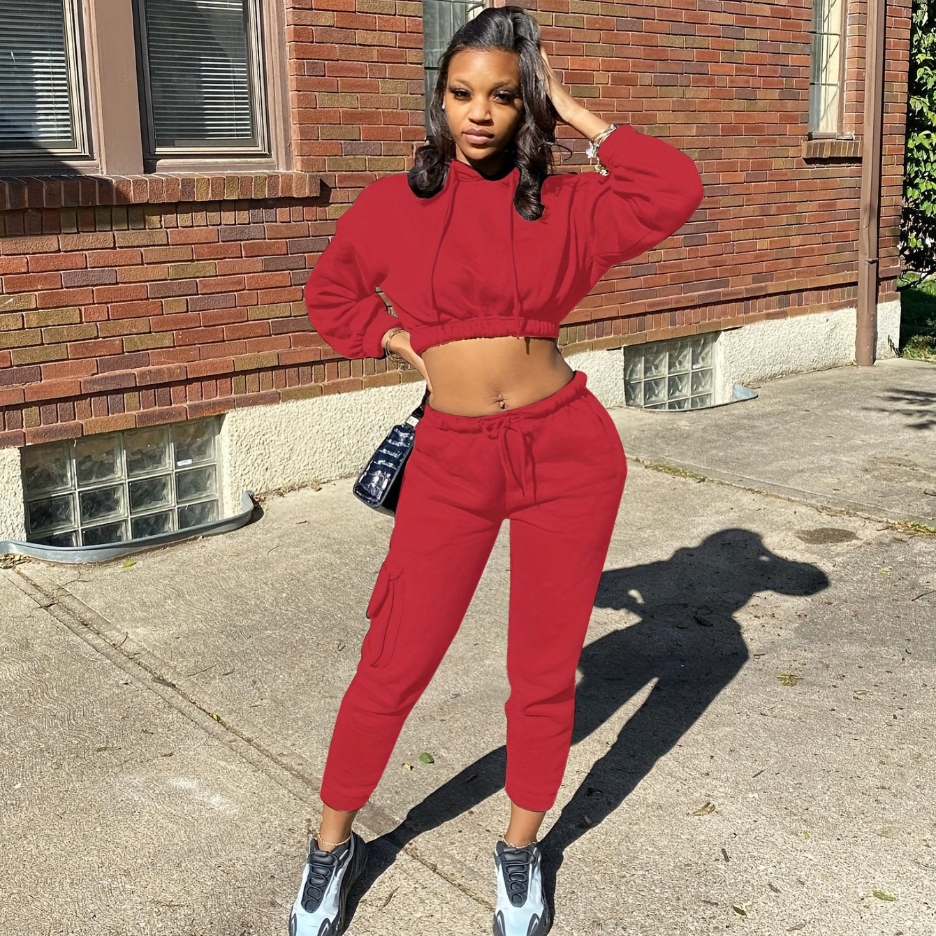 Solid Drawstring Two Piece Set Cropped Hoodie & Jogger Pants Outfit