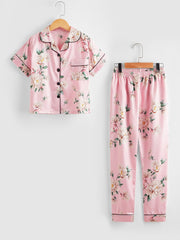 2pcs Girls Pajamas Flowers Print Button Short Sleeve Top & Pants Set