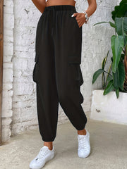 Y2K Solid Drawstring Cargo Pants Elastic Waist Baggy Pants With Pockets