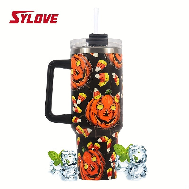 40oz Stainless Steel Vacuum Cup with Straw - Cactus Pumpkin Pattern