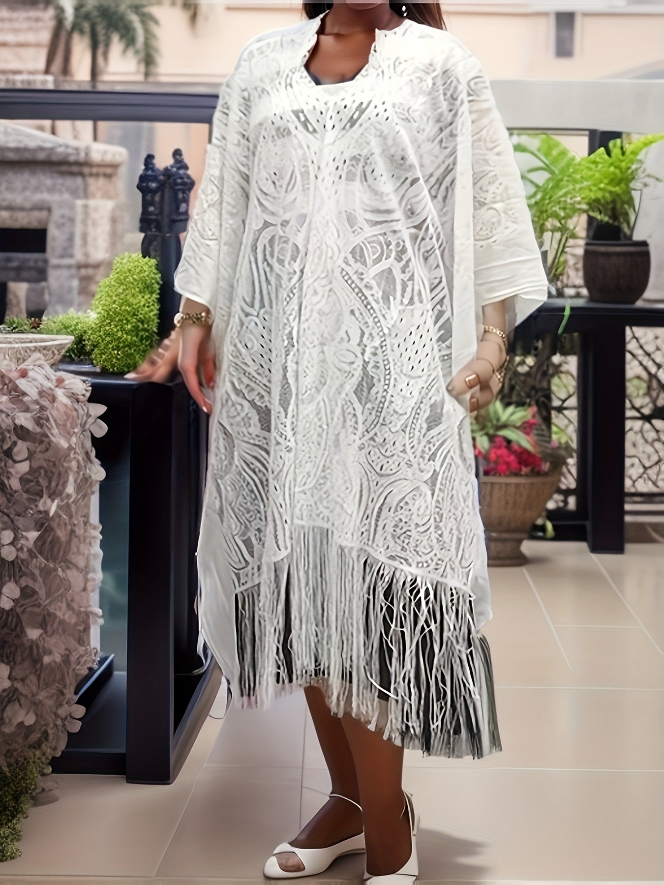 Fringe Trim Cover Up Dress V Neck Kaftan Women's Swimwear