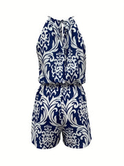 Baroque Floral Print Romper Crew Neck Sleeveless Tie Back Romper
