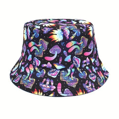 Unisex Sunshade Bucket Hat With Mushroom Skull Print for Outdoor Travel