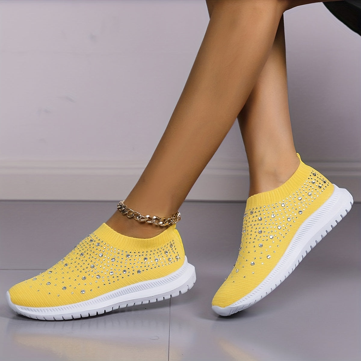 Women's Rhinestone Knitted Flats Slip On Shoes