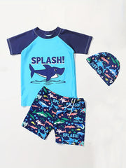 Boys Shark Swim Set - Trunks, Top & Cap - Beach Vacation Clothes