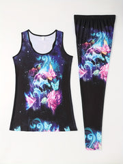 Butterfly Print 2pc Set Crew Neck Tank Top & Leggings Outfit Women's Clothing