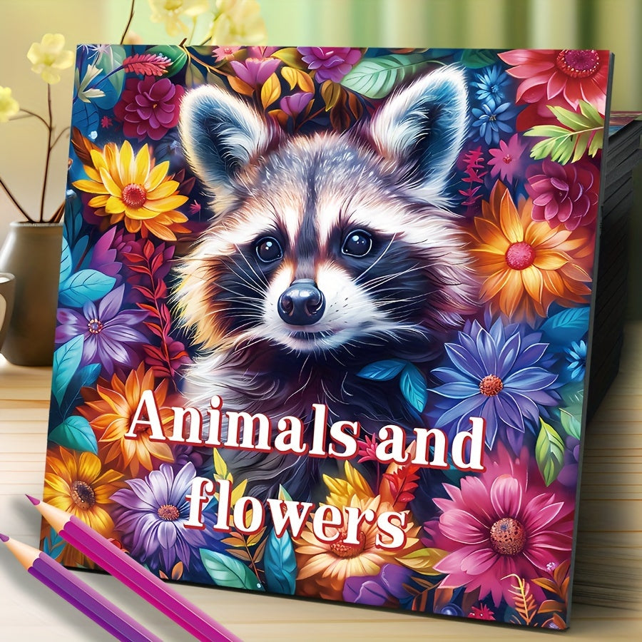 Deluxe Adult Coloring Book with Animal & Flower Designs, 20 Pages, Raccoon Cover