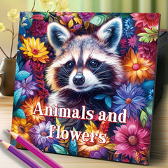 Deluxe Adult Coloring Book with Animal & Flower Designs, 20 Pages, Raccoon Cover