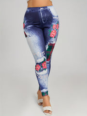 Denim & Plaid Print Skinny Leggings