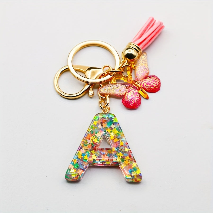 Initial Letter Keychain Resin Butterfly Pendant Tassel Backpack Ornament