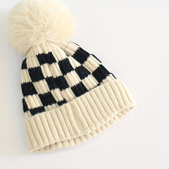 Kids Chessboard Pattern Winter Hat Warm Woolen Baby Accessories