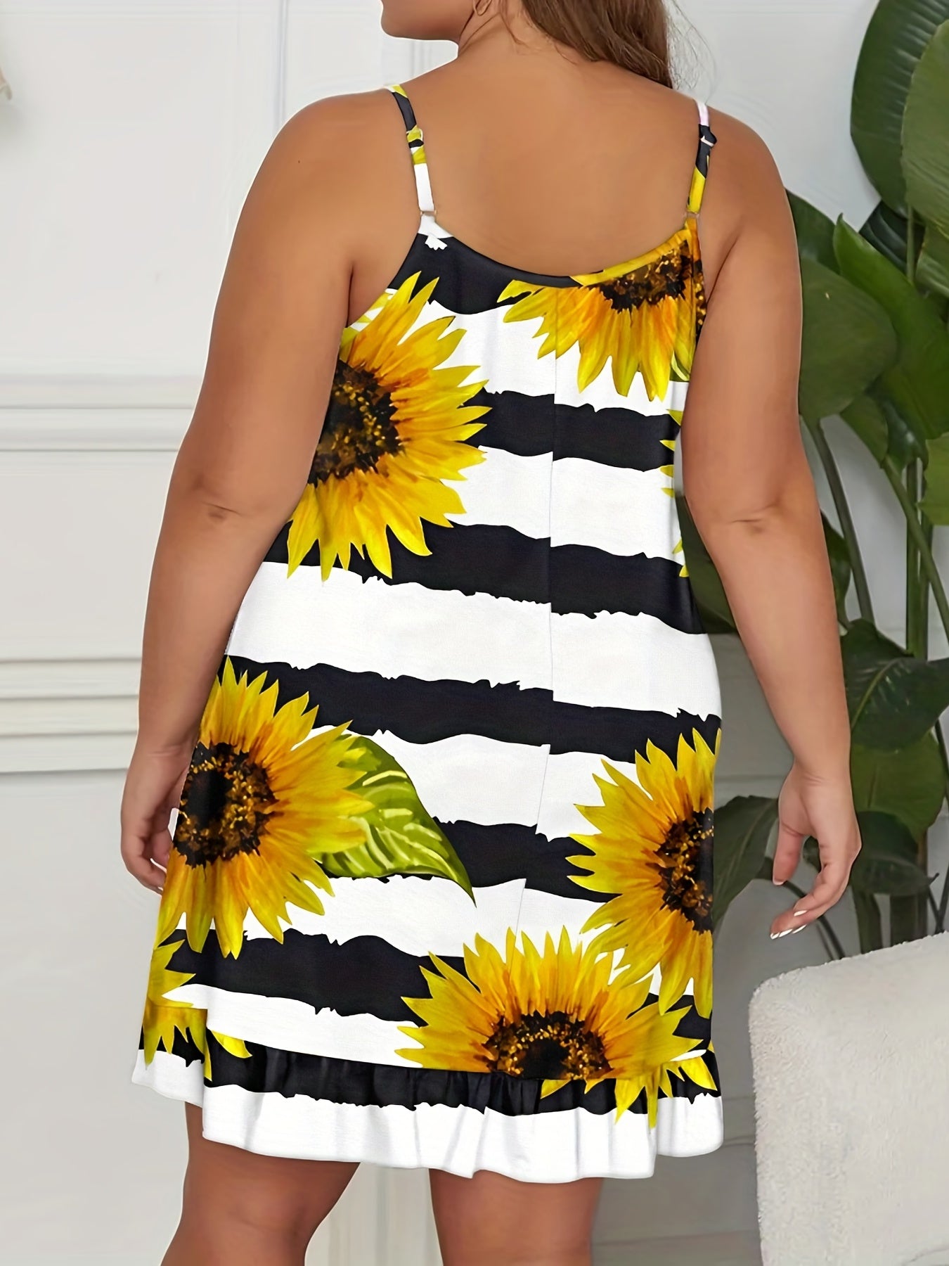 Sunflower & Stripe Print Ruffle Trim Cami Sleep Dress