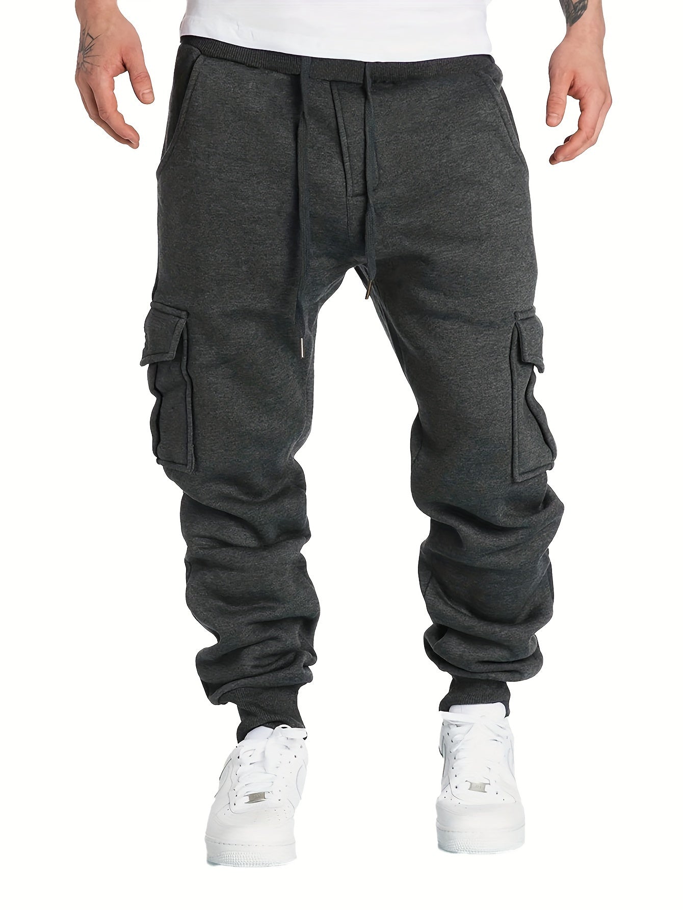 Men's Drawstring Fleece Cargo Pants Loose Jogger Pants