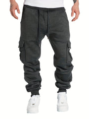 Men's Drawstring Fleece Cargo Pants Loose Jogger Pants