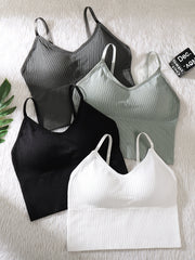 4pcs Solid Ribbed Cami Tops V Neck Sports Top Women's Lingerie
