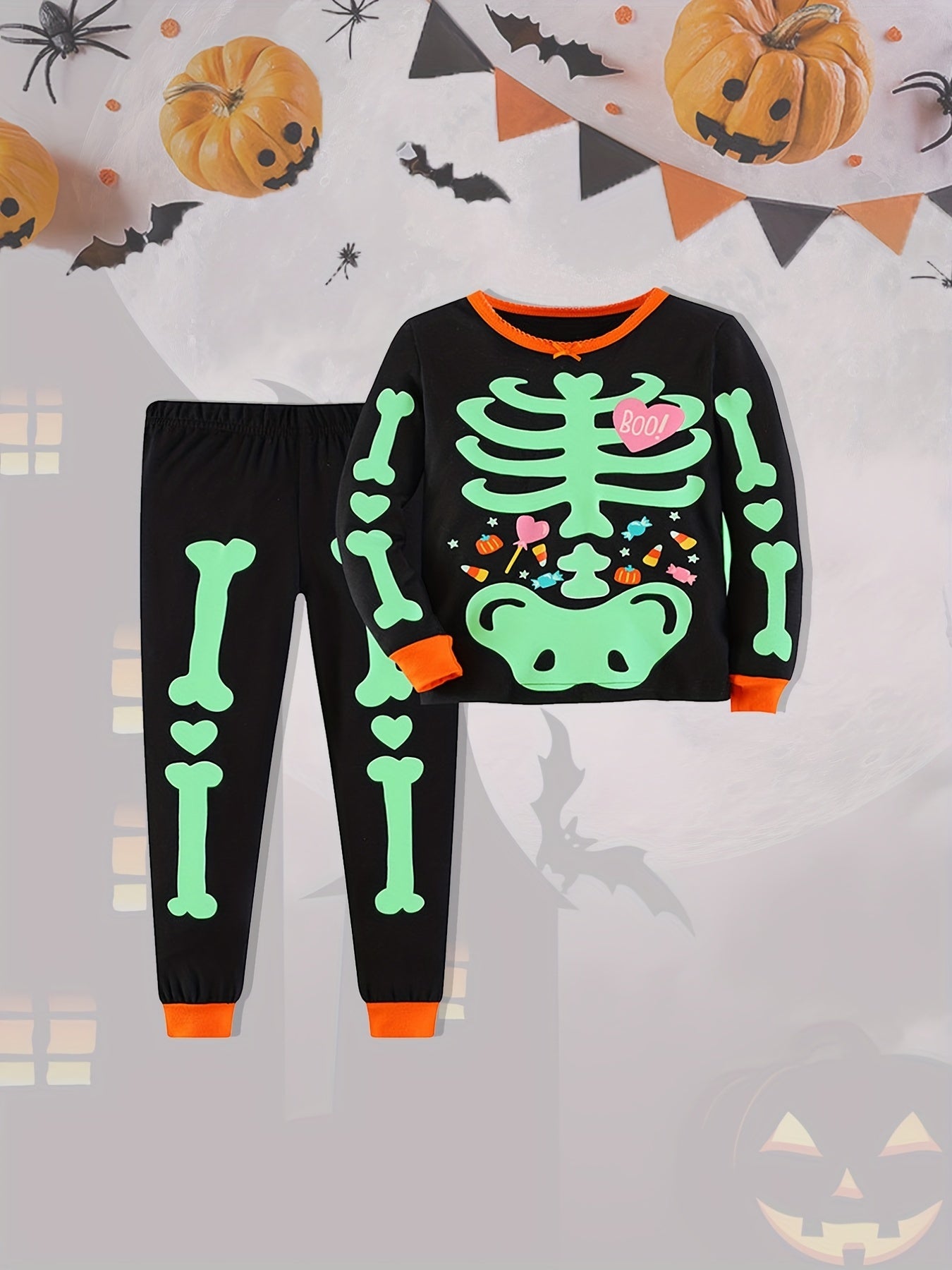 Boy's Skeleton Pattern Sweatshirt & Sweatpants Set for Halloween Party