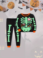 Boy's Skeleton Pattern Sweatshirt & Sweatpants Set for Halloween Party