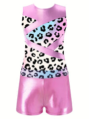 Leopard Print Gymnastics Outfit Set Sleeveless Romper Top Shorts