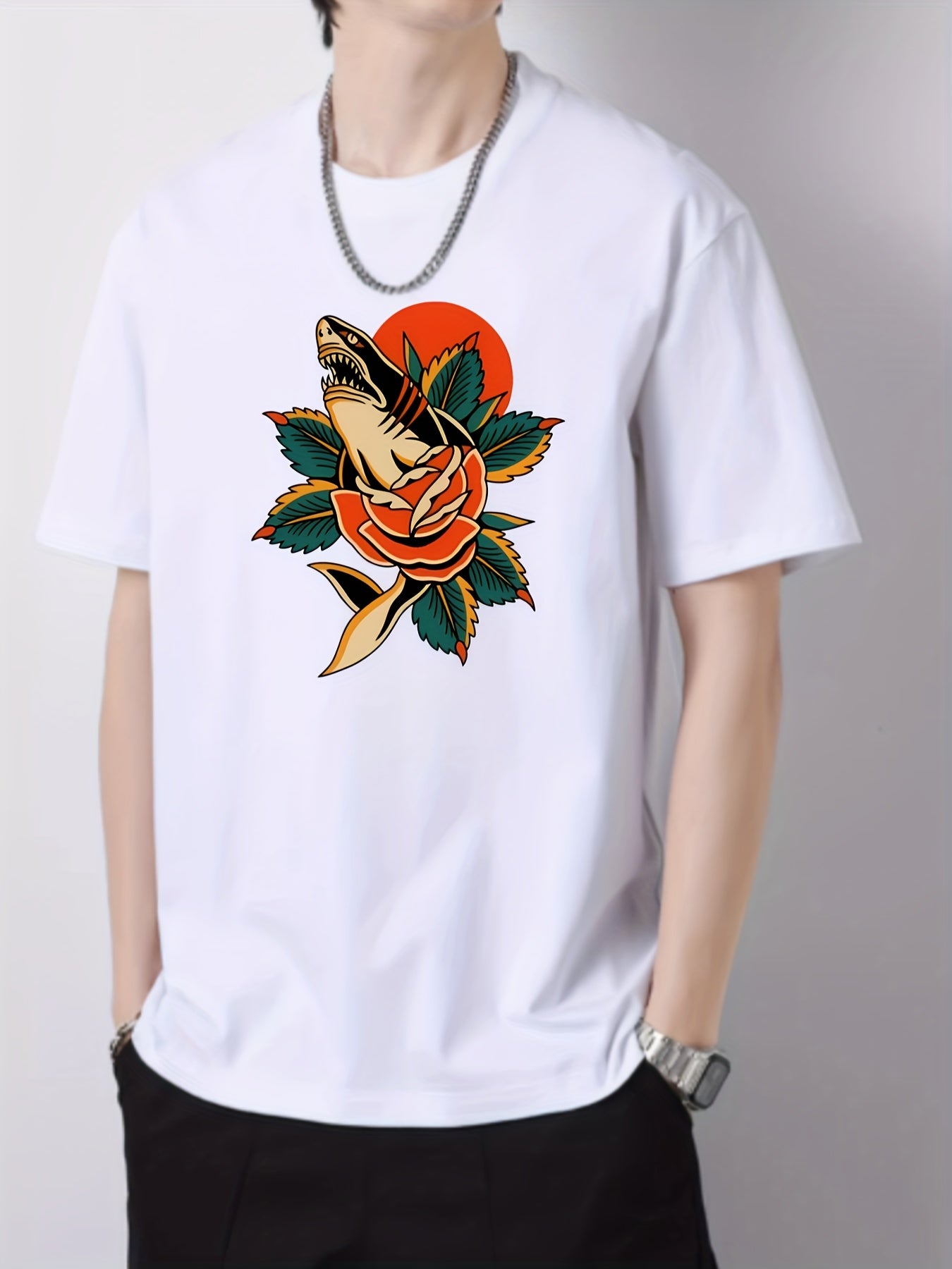 Flower & Shark Pattern Men's Cotton Crew Neck T-shirt