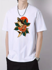 Flower & Shark Pattern Men's Cotton Crew Neck T-shirt