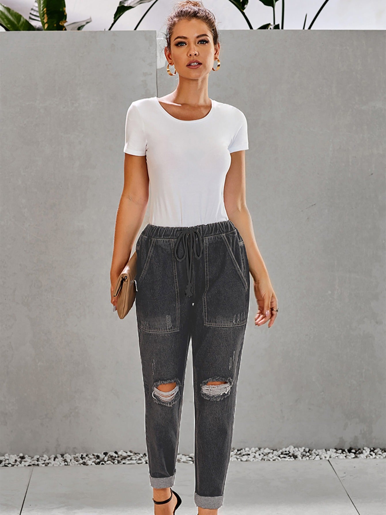 Distressed Drawstring Denim Pants Slash Pockets Ripped Jeans