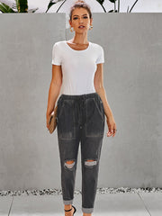 Distressed Drawstring Denim Pants Slash Pockets Ripped Jeans