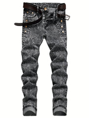 Slim Fit Flakes Pattern Biker Jeans Men's Casual Street Style Denim Pants