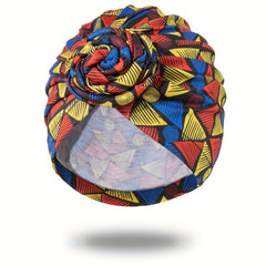 Geometric Print Pleated Turban Pre Tied Front Knot Elastic Beanie Head Wrap