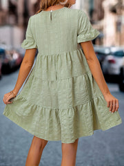 Textured Tiered Dress Solid Crew Neck Short Sleeve Dress