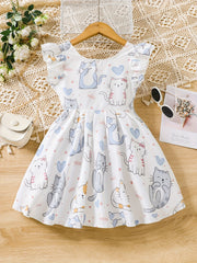 Toddler Girls Ruffle Trim Cat Graphic Backless Bow Princess Dress