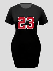 Number Print Tee Dress Women's Casual High Stretch Round Neck Dress