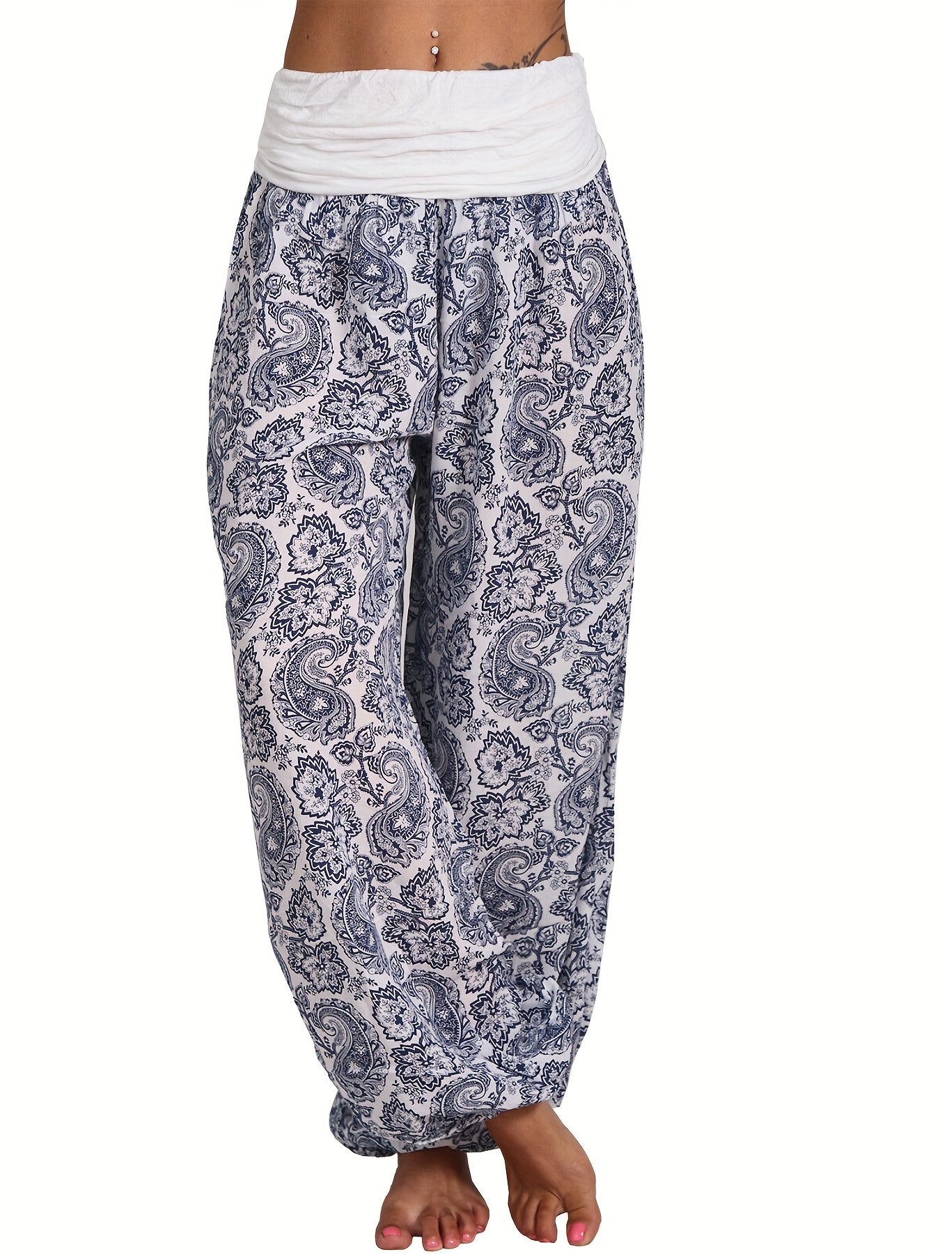 Boho Paisley Print Harem Pants Wide Leg Long Length